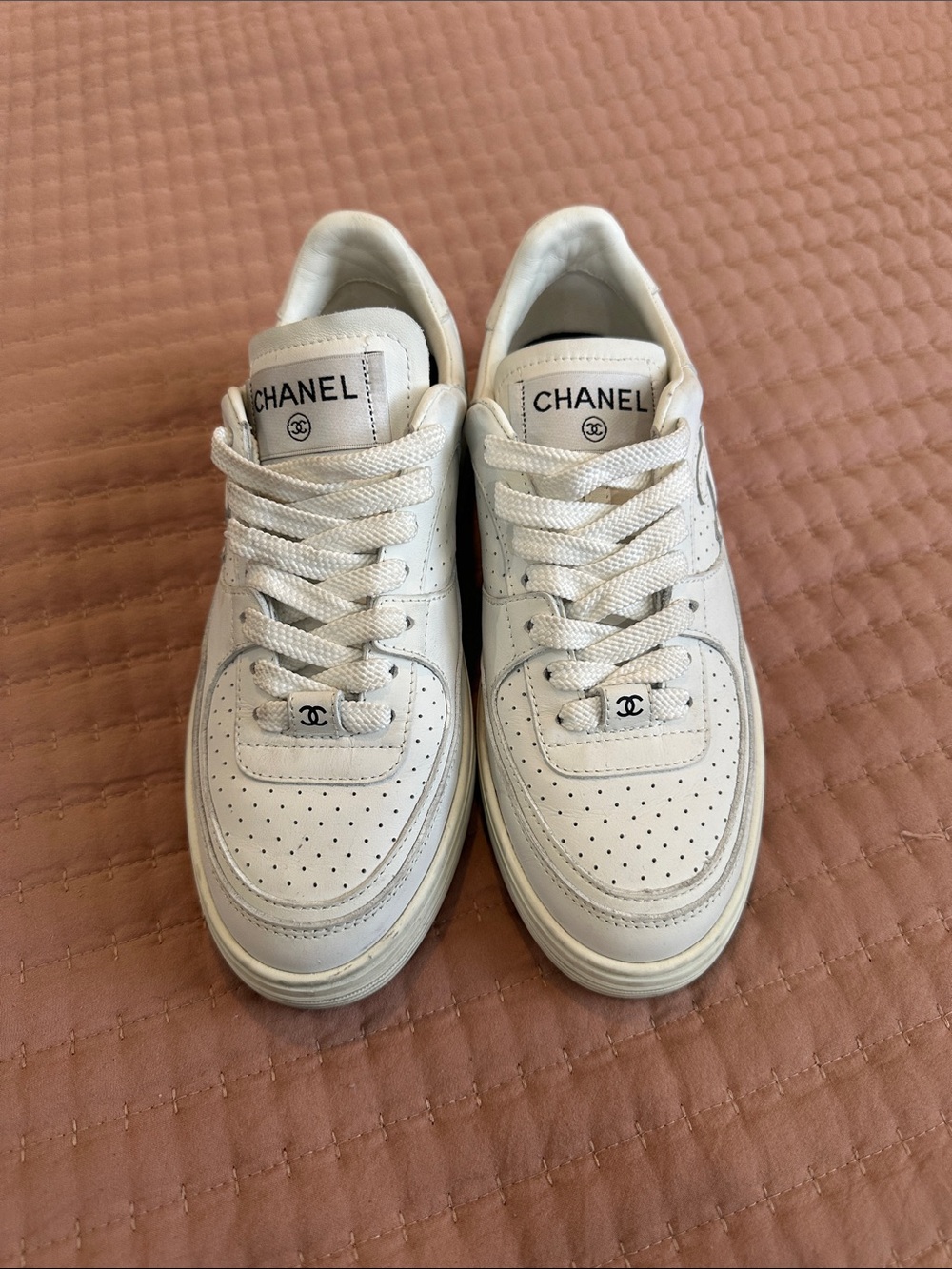 CHANEL White Leather Perforated Lace-Up Sneakers with CC Charm